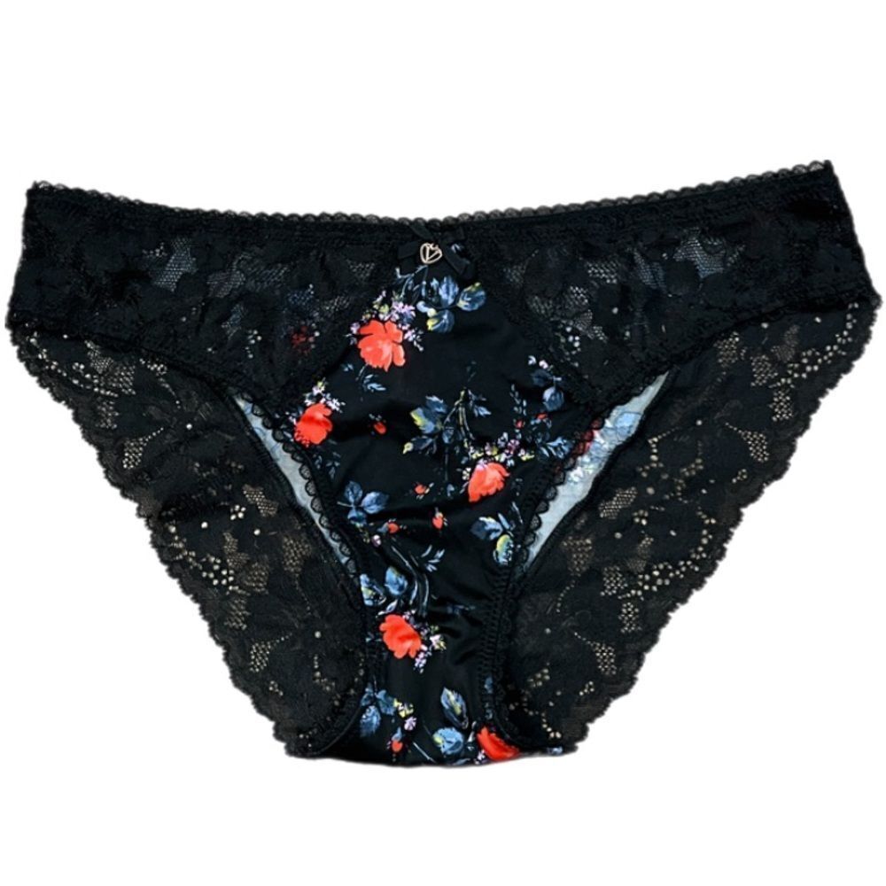 Victorias Secret Body Supersoft Satiny Lace waist Bikini panty black Floral M